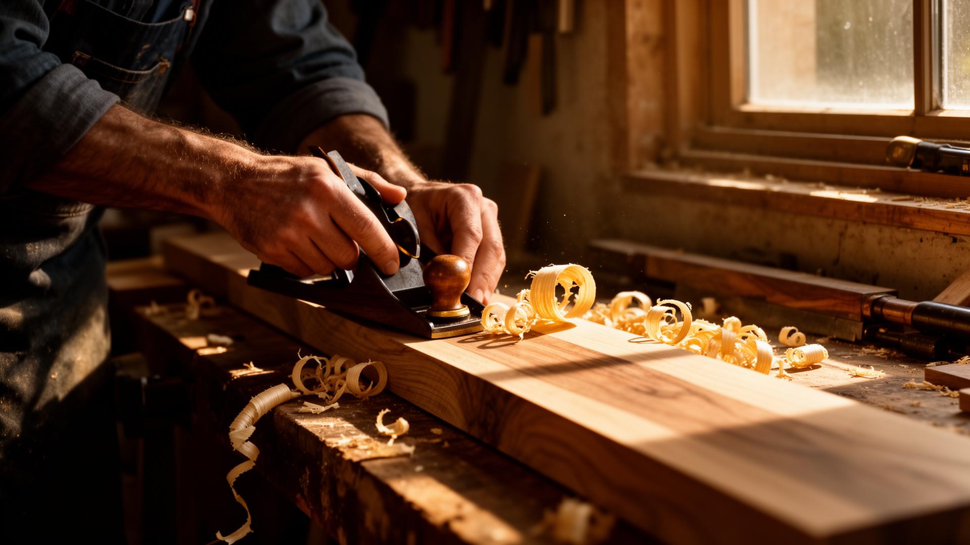 Master carpenter planing an oak board in a sunlit workshop
